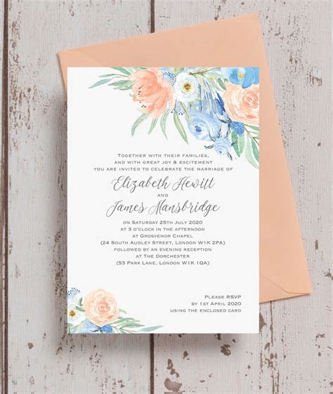 blue and peach wedding invitations.